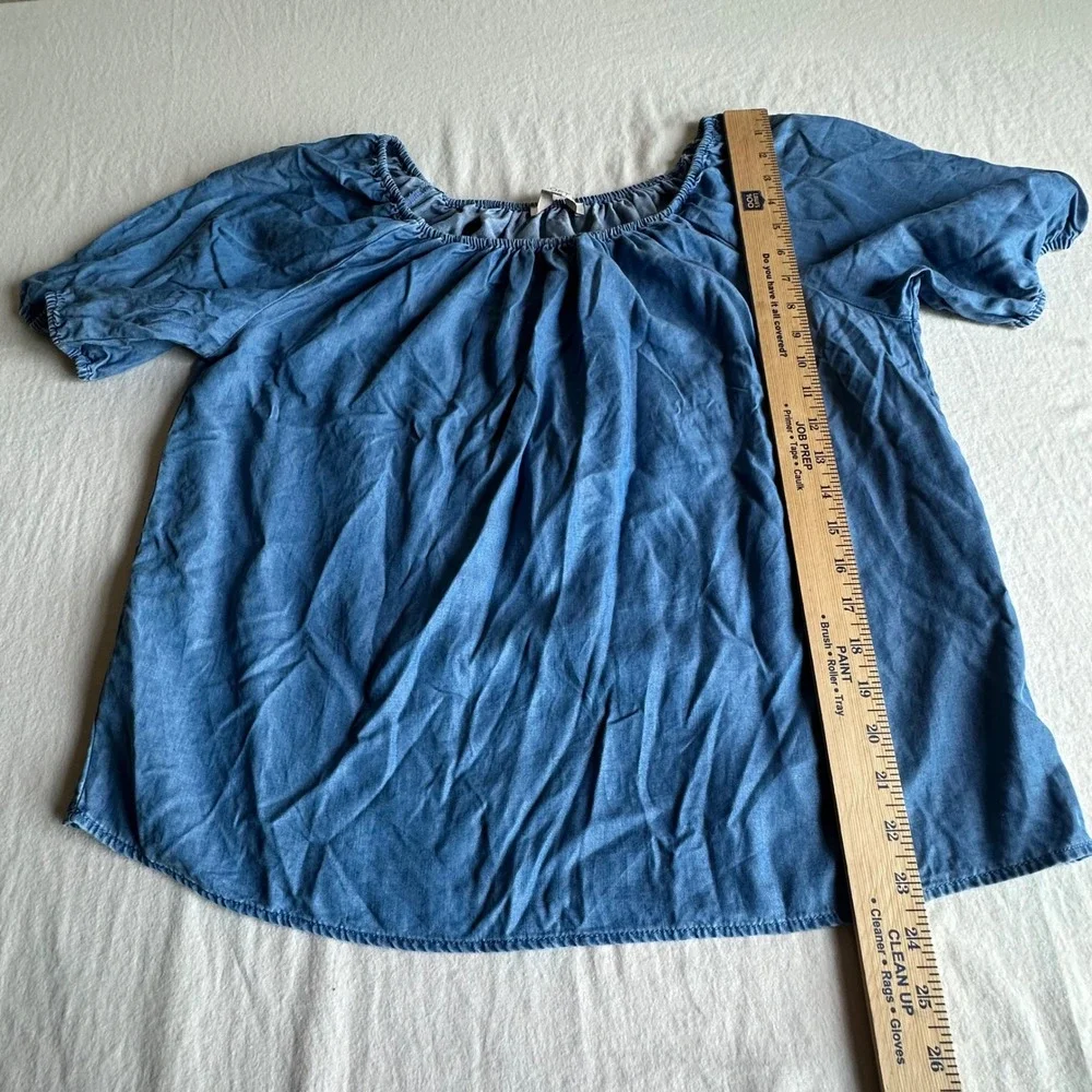 Loft Women's Blue Lyocell Chambray Puff Sleeve Scoop Neck Blouse Top Size S NWOT